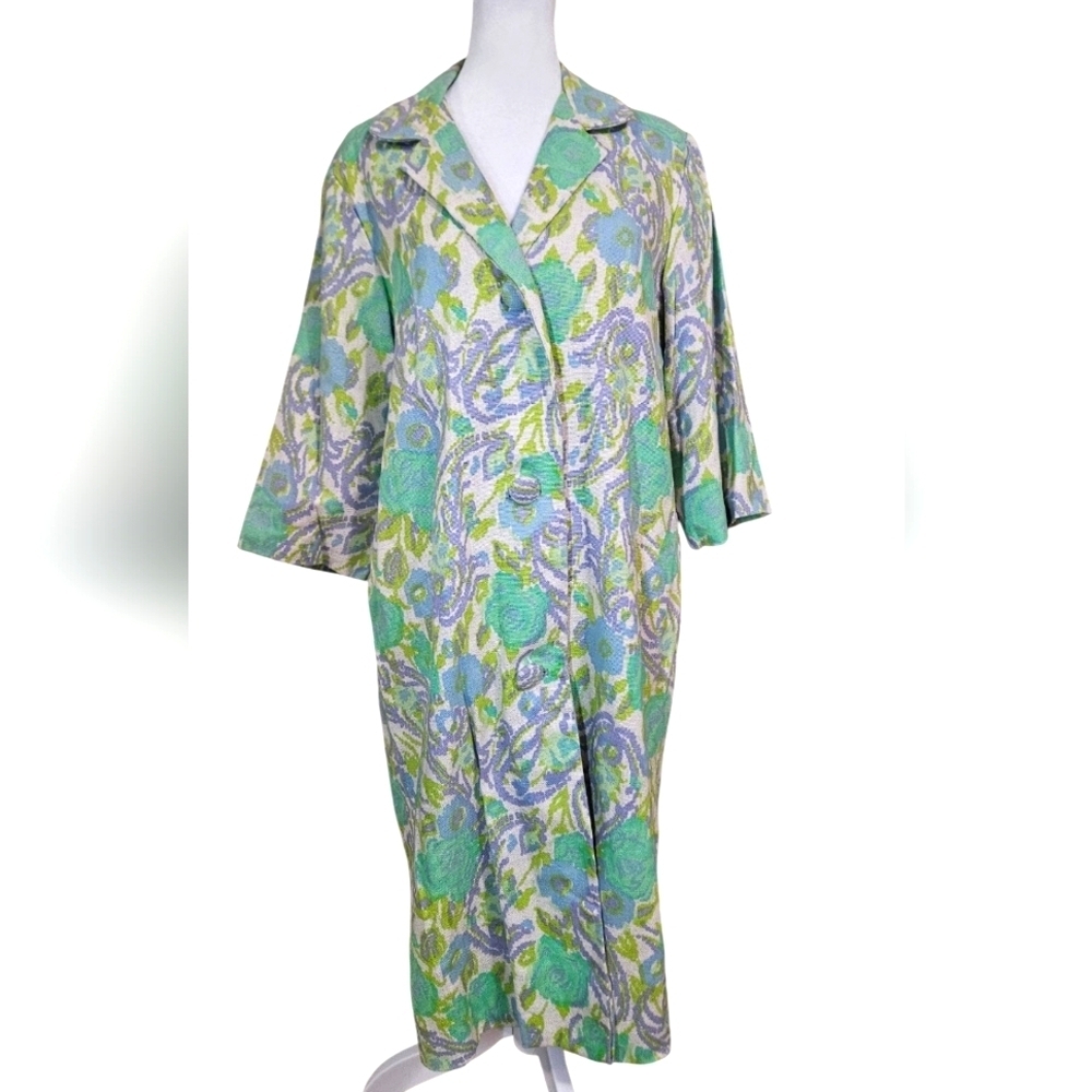 VINTAGE Jacquard Floral Carpetbag Tapestry Coat In Blue/green. Size M/L
